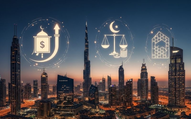 Dubai Islamic mortgage concept with skyline and financial icons showing Sharia-compliant real estate finance.