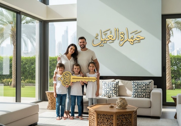 Family in Dubai home with icons showing benefits of Sharia-compliant halal mortgage.