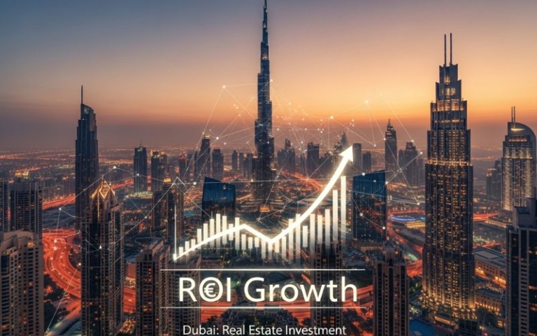 High-rise Dubai skyline symbolizing real estate investment and ROI growth.
