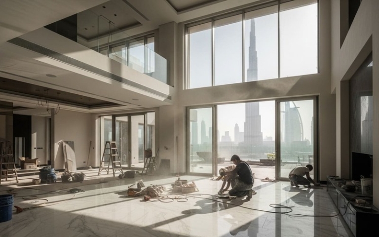 Luxury villa renovation in Dubai with modern upgrades and Burj Khalifa view