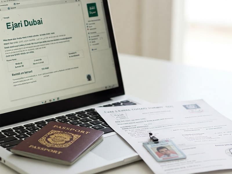 Ejari registration setup with laptop, ID, and rental documents—essential for tenancy in Dubai