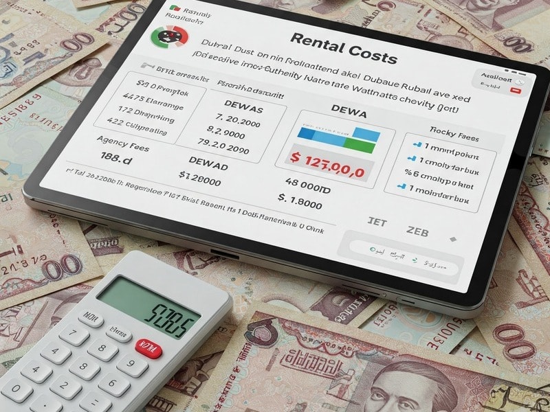 Breakdown of Dubai renting costs—showing rent, DEWA, agency fees, and deposit for better budgeting