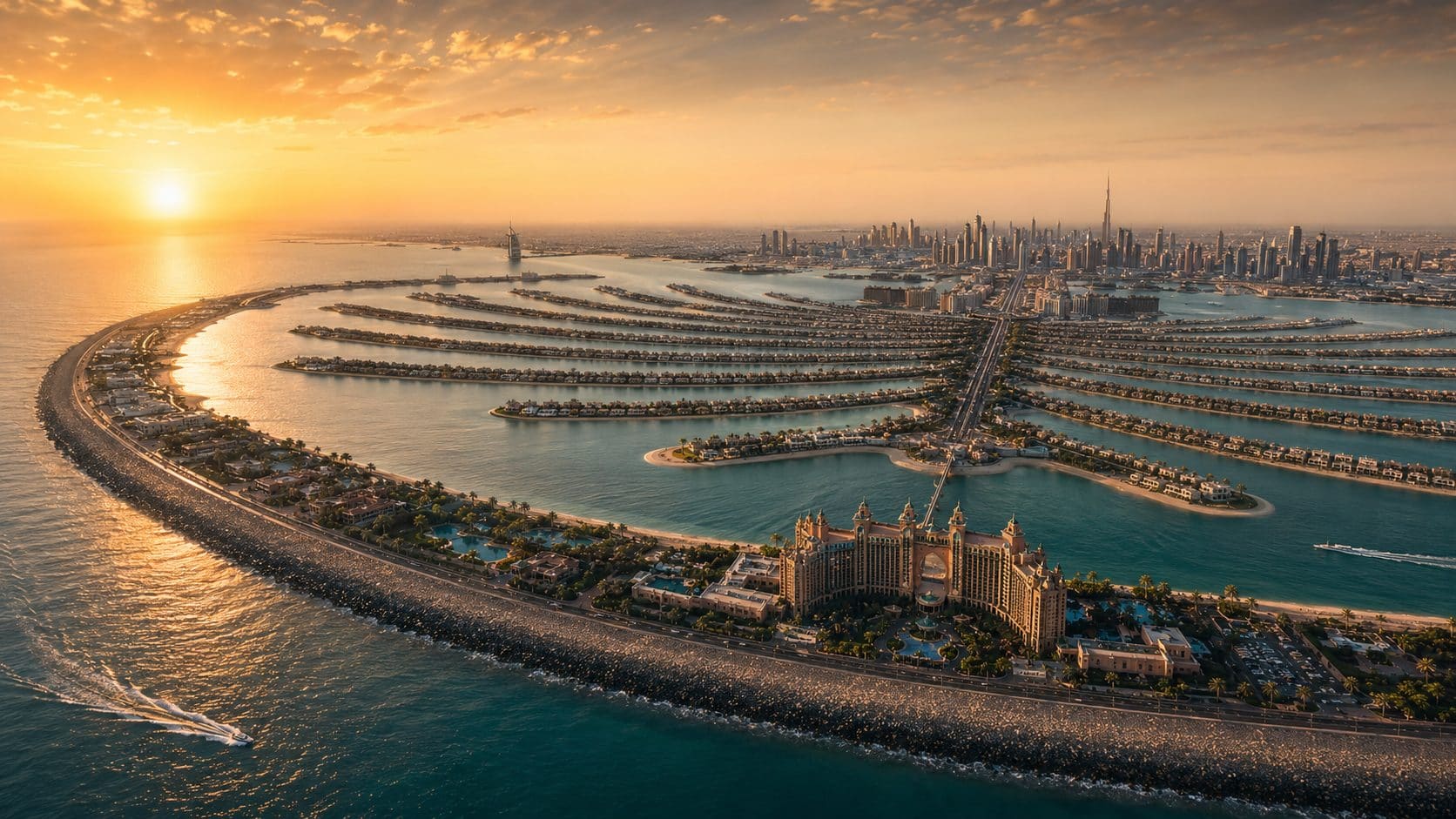 Aerial view of Palm Jumeirah and the Dubai coastline at sunset