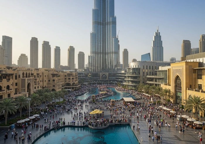 Bustling Dubai Mall and Emaar Boulevard at noon.