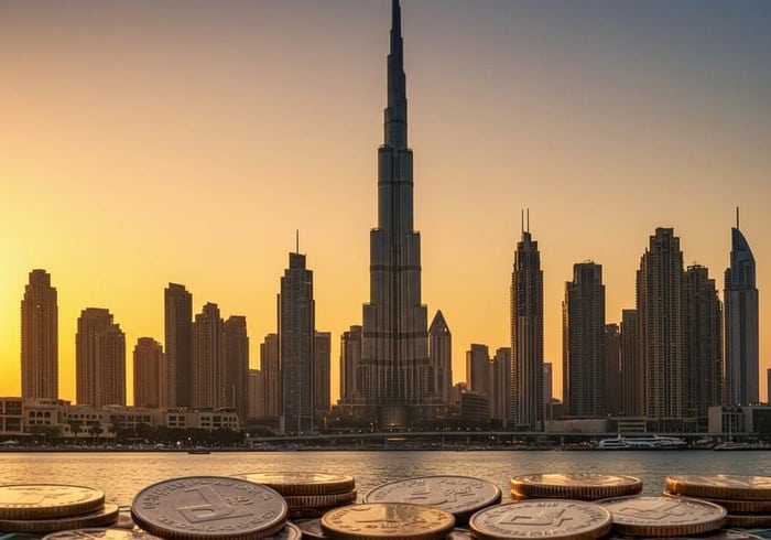 Dirham and dollar coins with Dubai towers behind symbolize currency stability.