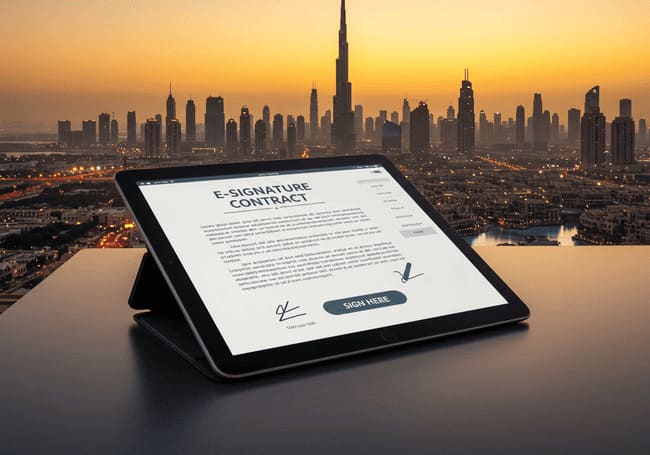 Digital contract signing with Dubai city view in the background