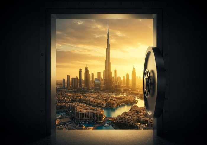 Vault door opening to reveal Dubai skyline, symbolizing wealth safety and real estate stability.