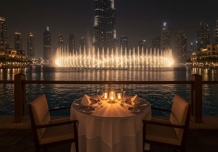 Dinner overlooking Dubai Fountain evening show.