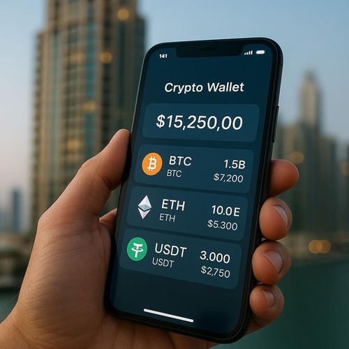Smartphone with crypto wallet app open in front of Dubai property, showing modern real estate investment using digital currency.