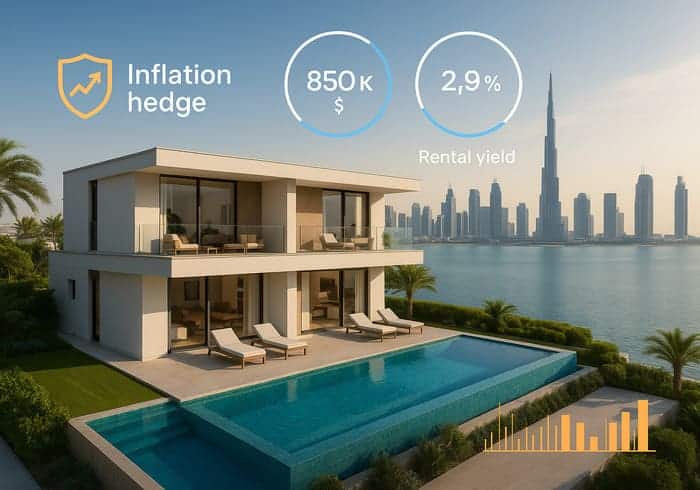 Dubai villa pictured with inflation hedge and rental yield icons