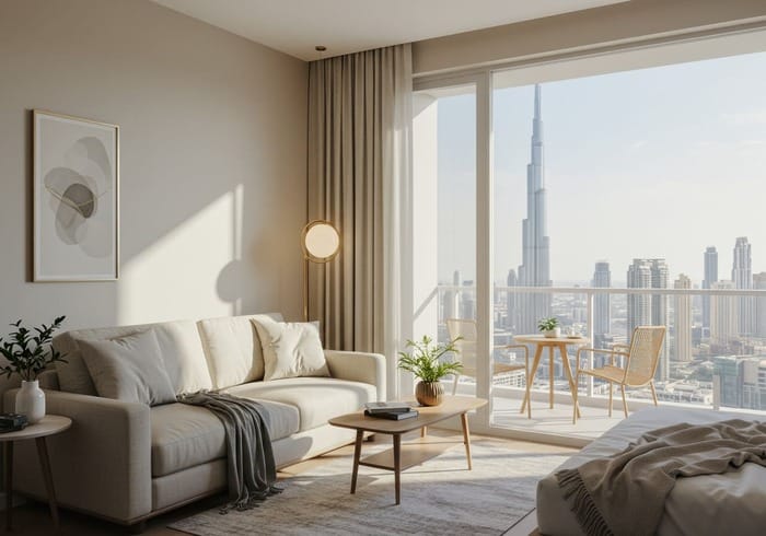 1‑bed apartment balcony view of Burj Khalifa.