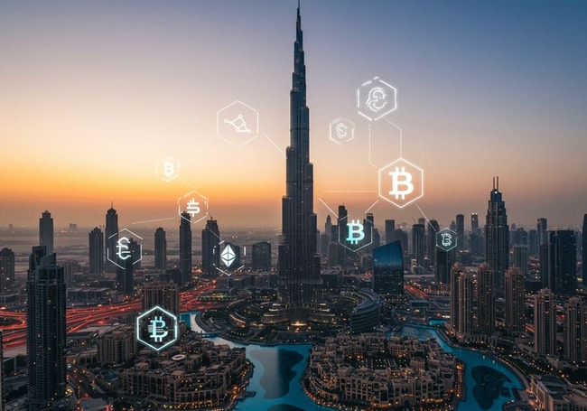 Dubai skyline with cryptocurrency icons symbolizing integration of digital currency in the real estate market.