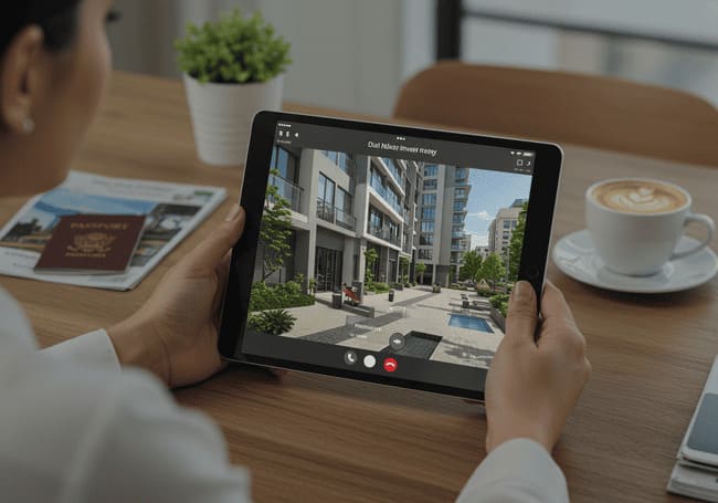 A global investor video calling a Dubai realtor for a virtual property tour with documents and tablet on the desk.