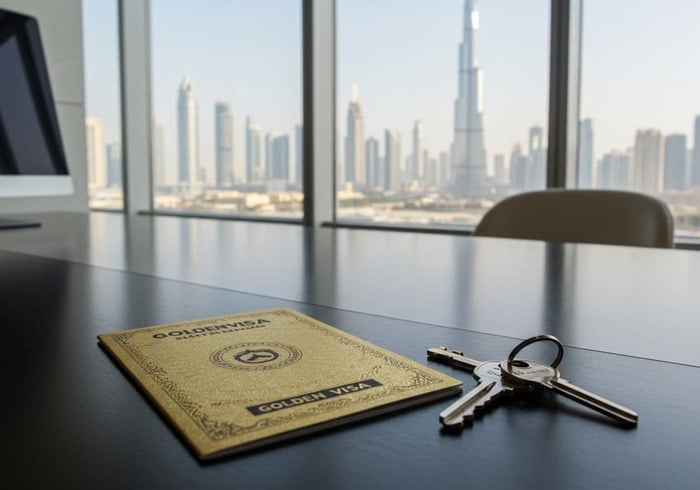 Golden Visa and property keys on desk with Dubai view in background