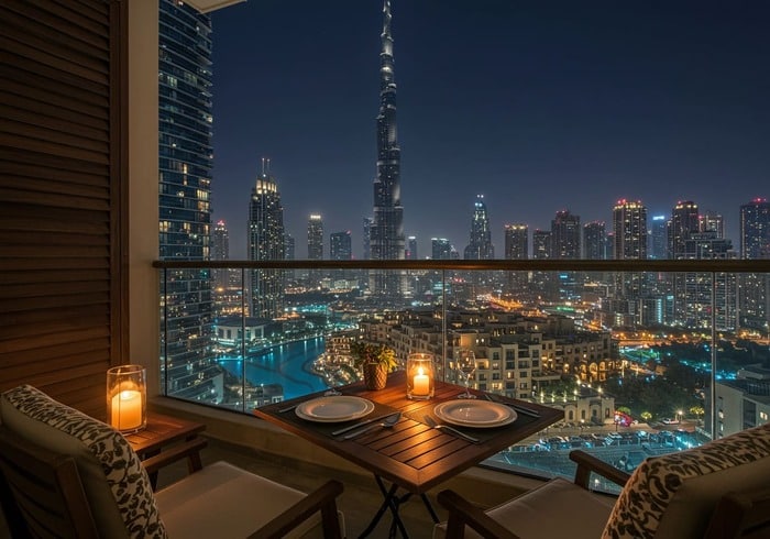 Candle-lit balcony overlooking Downtown Dubai skyline at night, evoking luxury living and serene evenings.