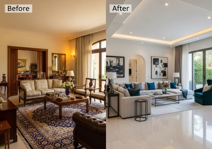 Before and after villa renovation in Dubai showing modern design transformation