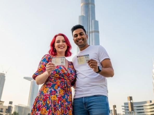 Couple holding UAE residence visas with Burj Khalifa behind them