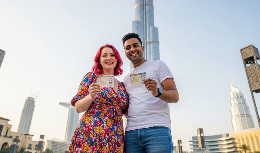 Couple holding UAE residence visas with Burj Khalifa behind them