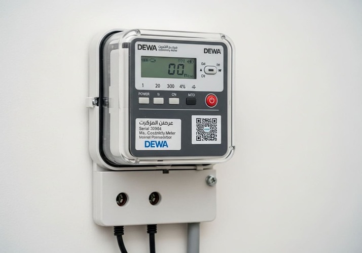 DEWA technician connecting electricity meter indoors.