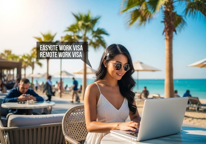 Digital nomad at Dubai beach café with remote work visa overlay