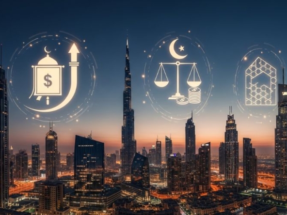 Dubai Islamic mortgage concept with skyline and financial icons showing Sharia-compliant real estate finance.