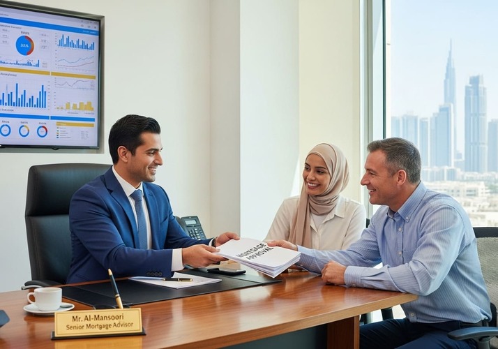 Dubai bank officer approving mortgage for expats based on good credit score.