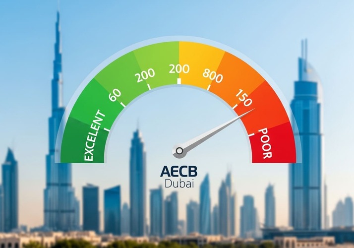 Dubai credit score meter infographic showing Al Etihad Credit Bureau rating system.