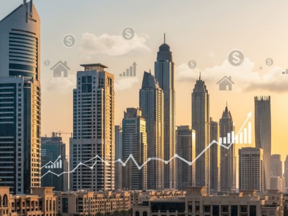 Dubai skyline with real estate investment and mortgage rate comparison theme.