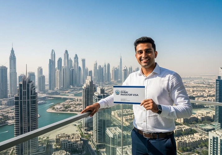 Entrepreneur holding Dubai investor visa against skyline