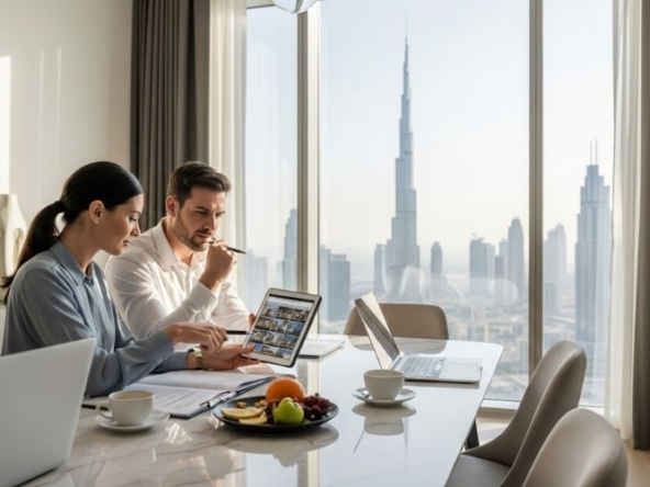 Expat couple in Dubai reviewing credit score reports before buying property.