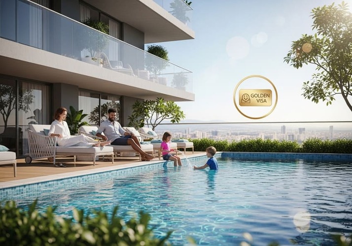 Family enjoying pool with Golden Visa overlay
