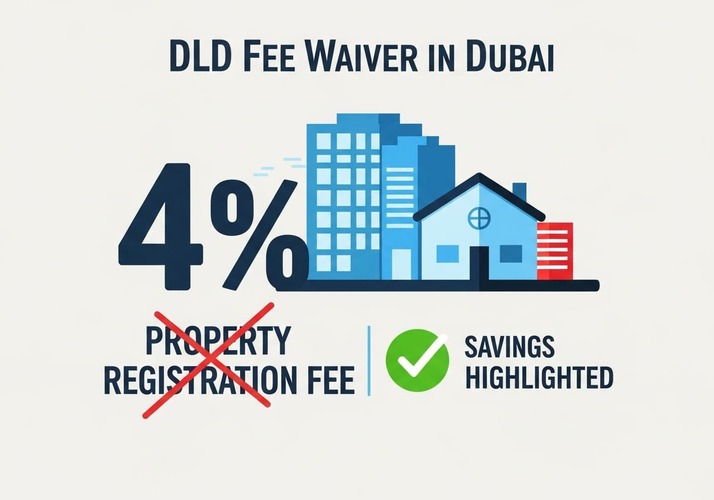 Infographic showing how Dubai Land Department fee waiver saves buyers 4% on property purchases.