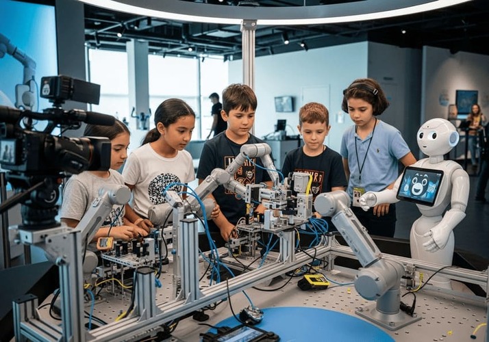 Kids interacting with AI robots in a museum exhibit.