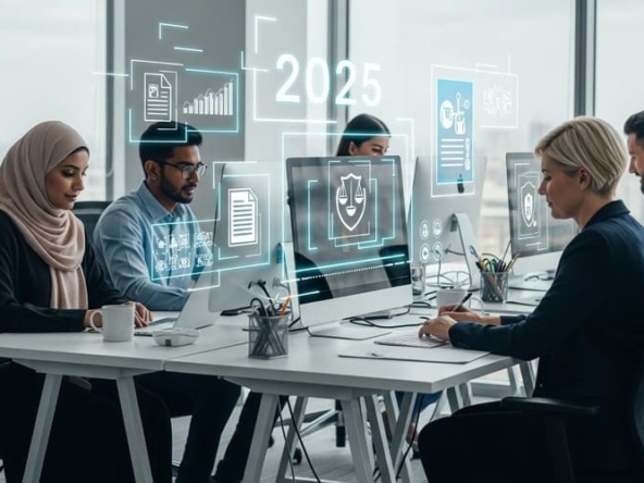Modern UAE workplace showing employee collaboration and labour law updates in 2025.