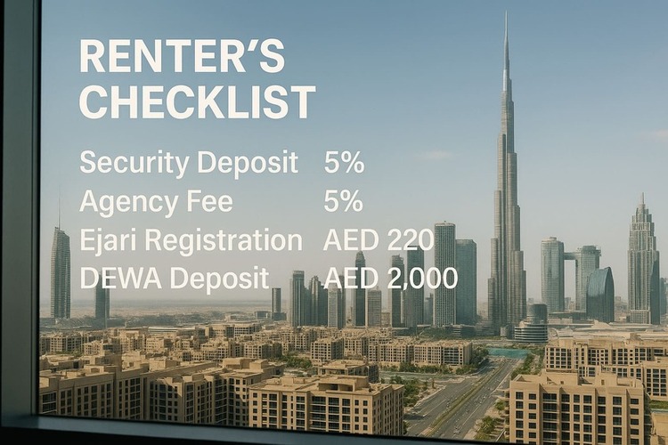 Paper checklist listing rental fees against Dubai skyline.
