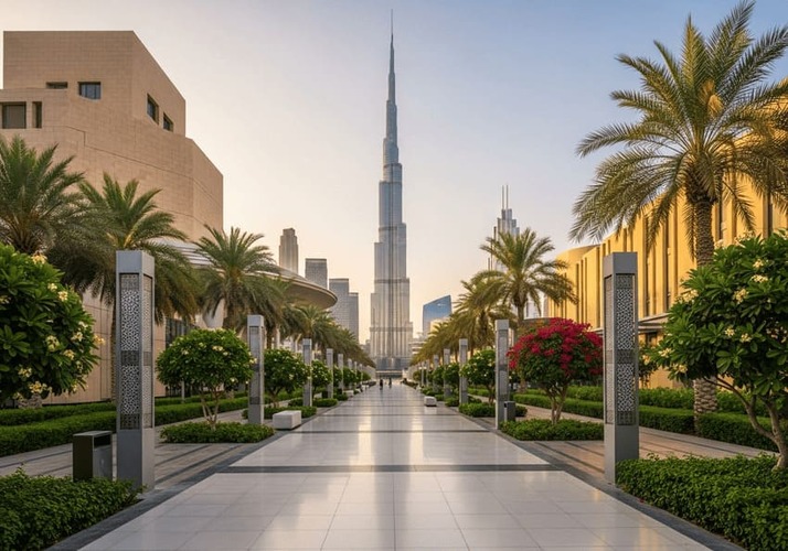 Pedestrian pathway from museum toward Burj Khalifa with greenery.