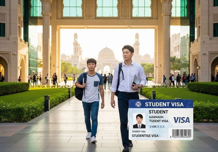 Student walking into UAE campus under student visa sign