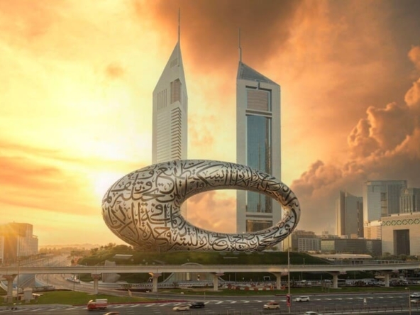 Sunset view of the Museum of the Future’s torus exterior.