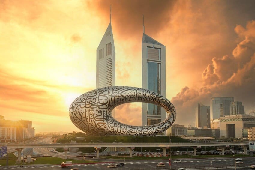 Sunset view of the Museum of the Future’s torus exterior.