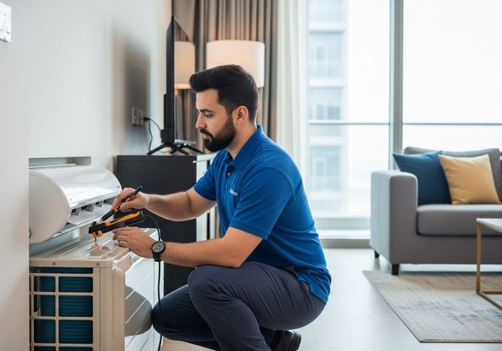 Technician performing AC maintenance in Dubai apartment.