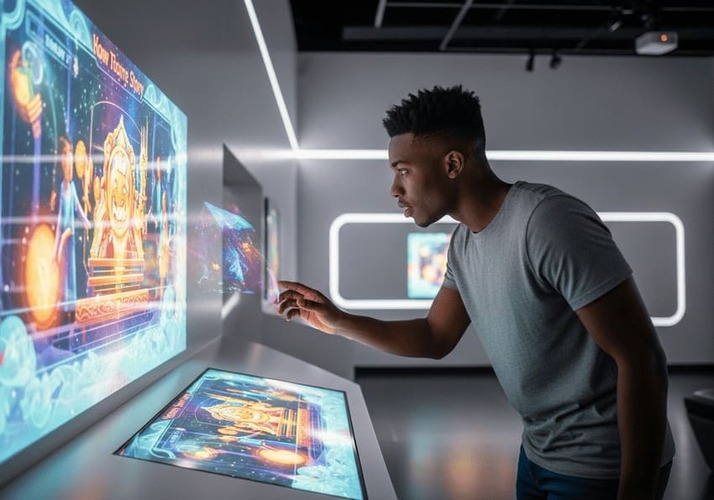 Visitor interacting with a holographic exhibit inside the museum.