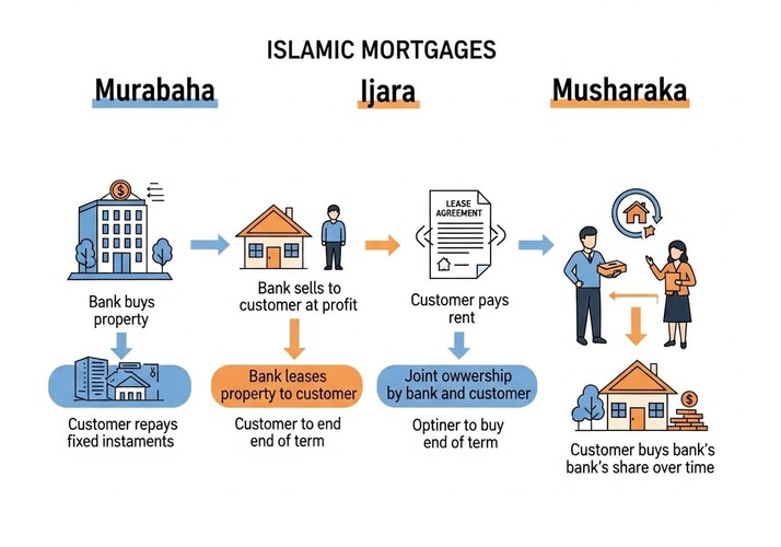 Visual representation of Murabaha, Ijara, and Musharaka Islamic mortgage models in Dubai real estate.