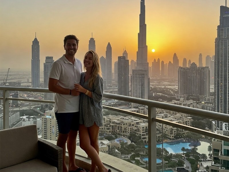 Expat couple on a Dubai balcony enjoying the skyline—ready to find their perfect apartment in the city