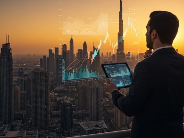 Investor overlooking Dubai skyline with forex chart overlay.