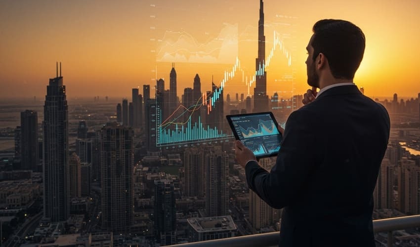 Investor overlooking Dubai skyline with forex chart overlay.