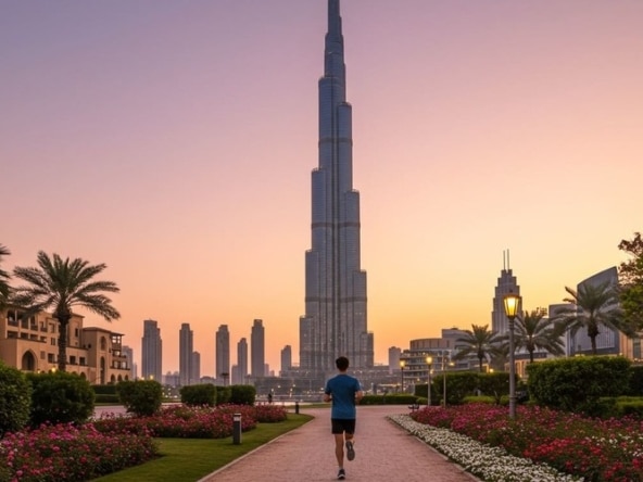 Morning jog in Burj Park with Burj Khalifa