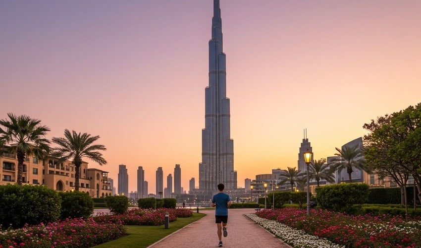 Morning jog in Burj Park with Burj Khalifa