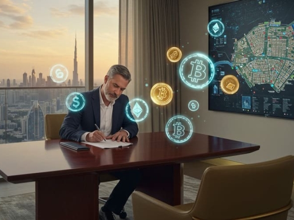 Investor using crypto to buy Dubai property with skyline view