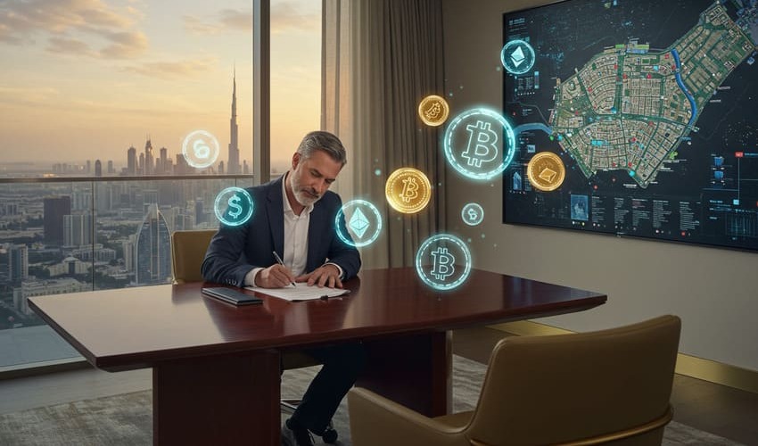 Investor using crypto to buy Dubai property with skyline view