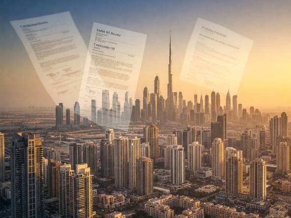 Dubai skyline with rental contracts and apartment buildings
